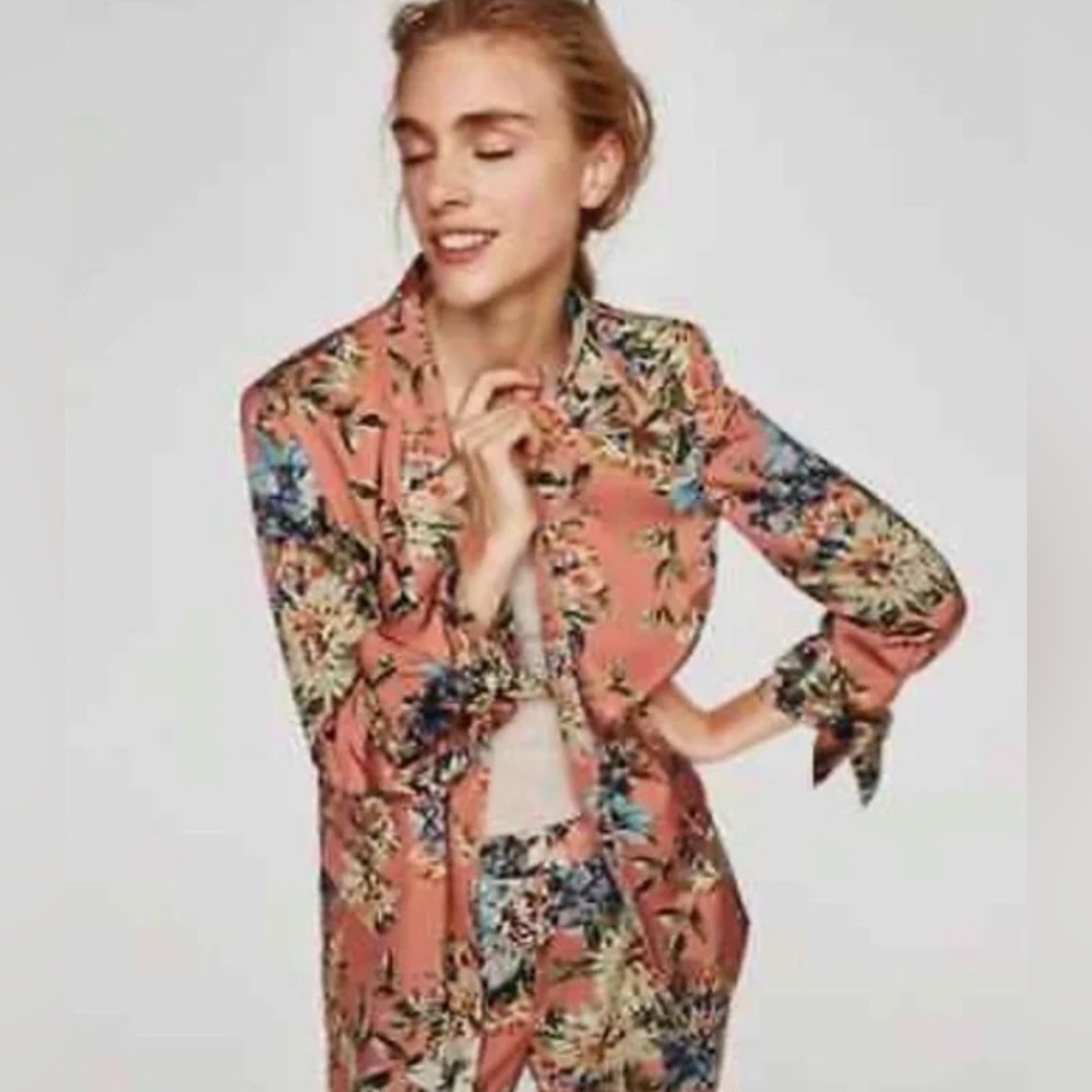 Zara Flowing Floral Print Coral Blazer M NWT